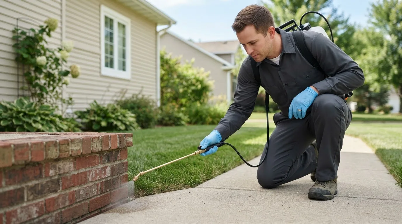 Pest control technician treating a home near Cranesville, PA